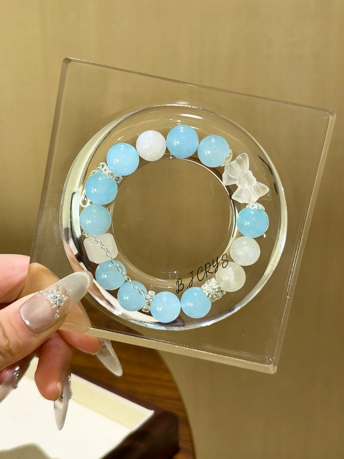 Blue Chalcedony, Blue Moonstone & Clear Quartz Bow Bracelet