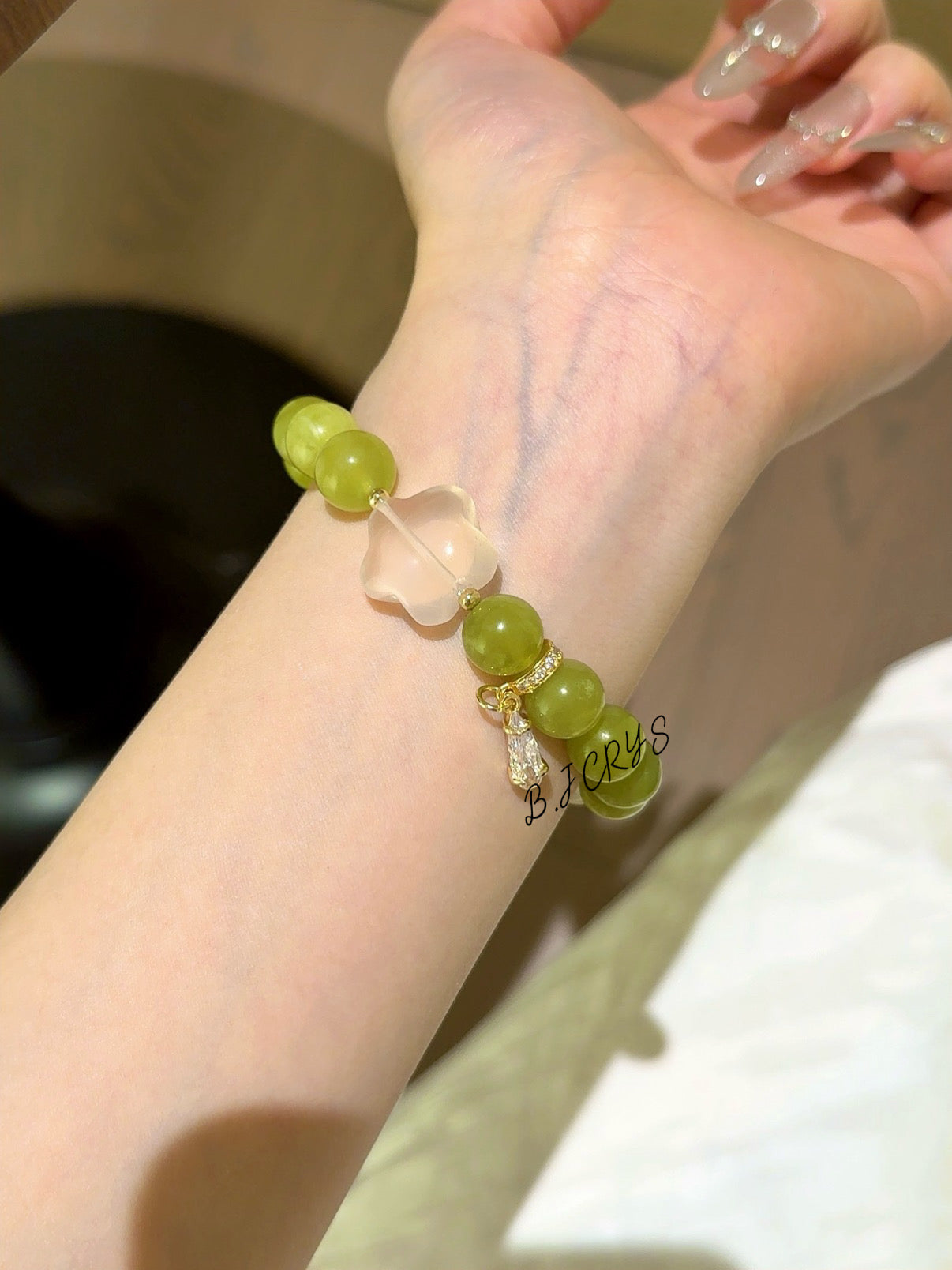 Xiuyu Jade, Rose Quartz & Clear Quartz Star & Flower Bracelet