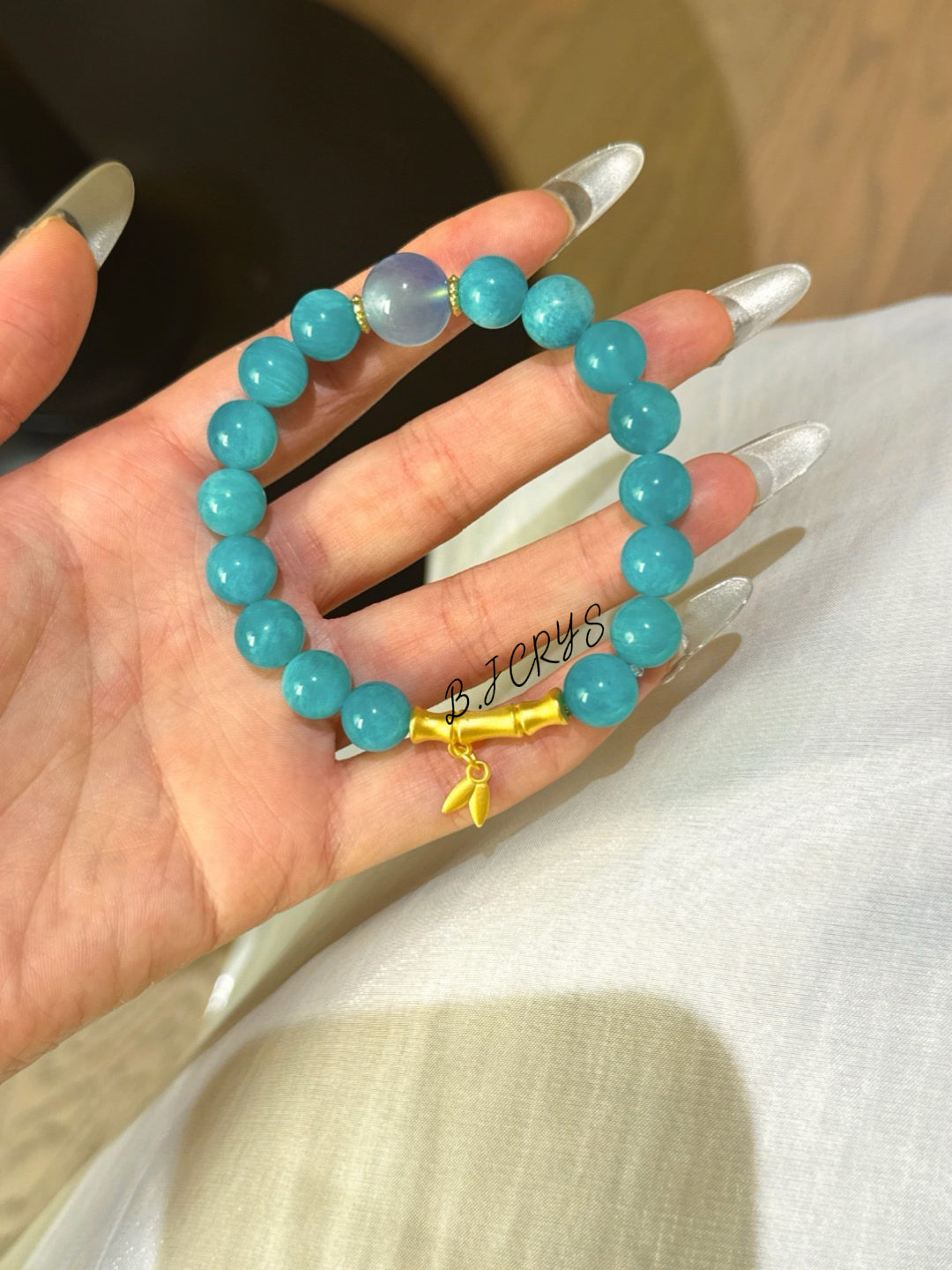 Amazonite & Aquamarine Alloy Bamboo Bracelet
