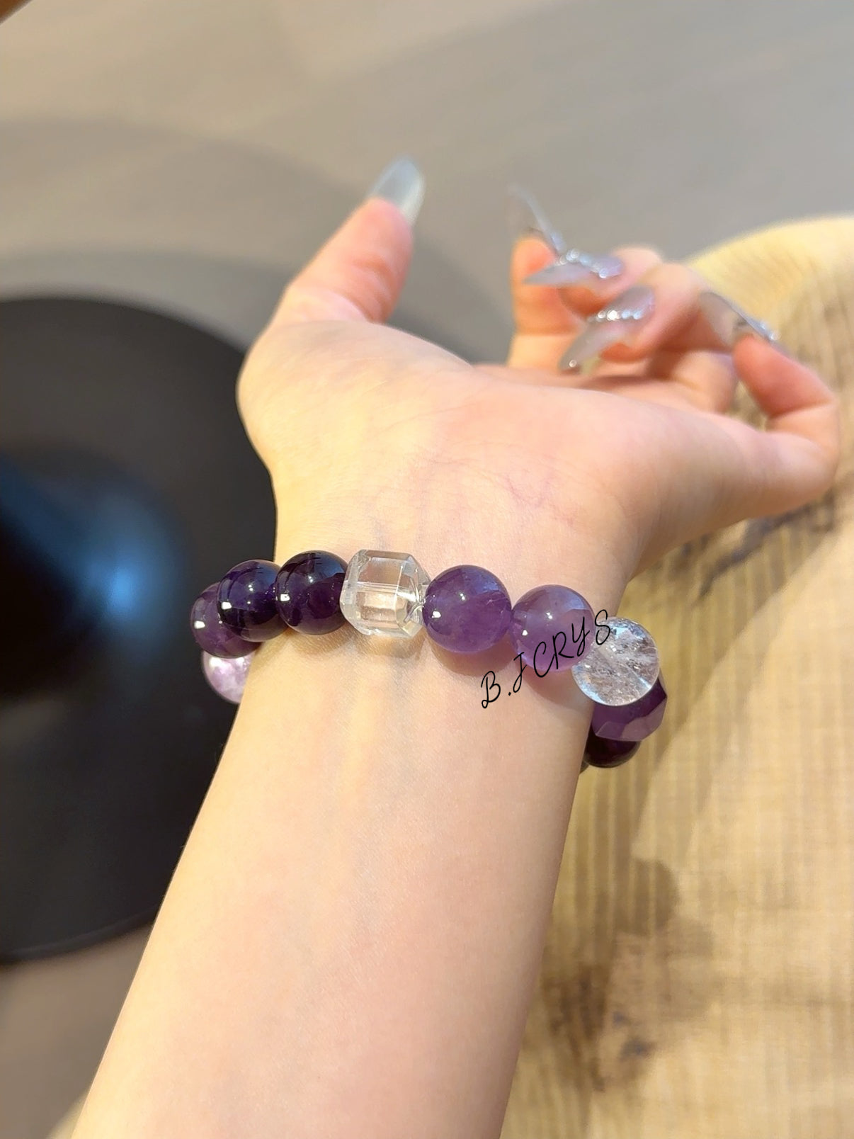 Freeform Amethyst & Cube Clear Crystal Bracelet
