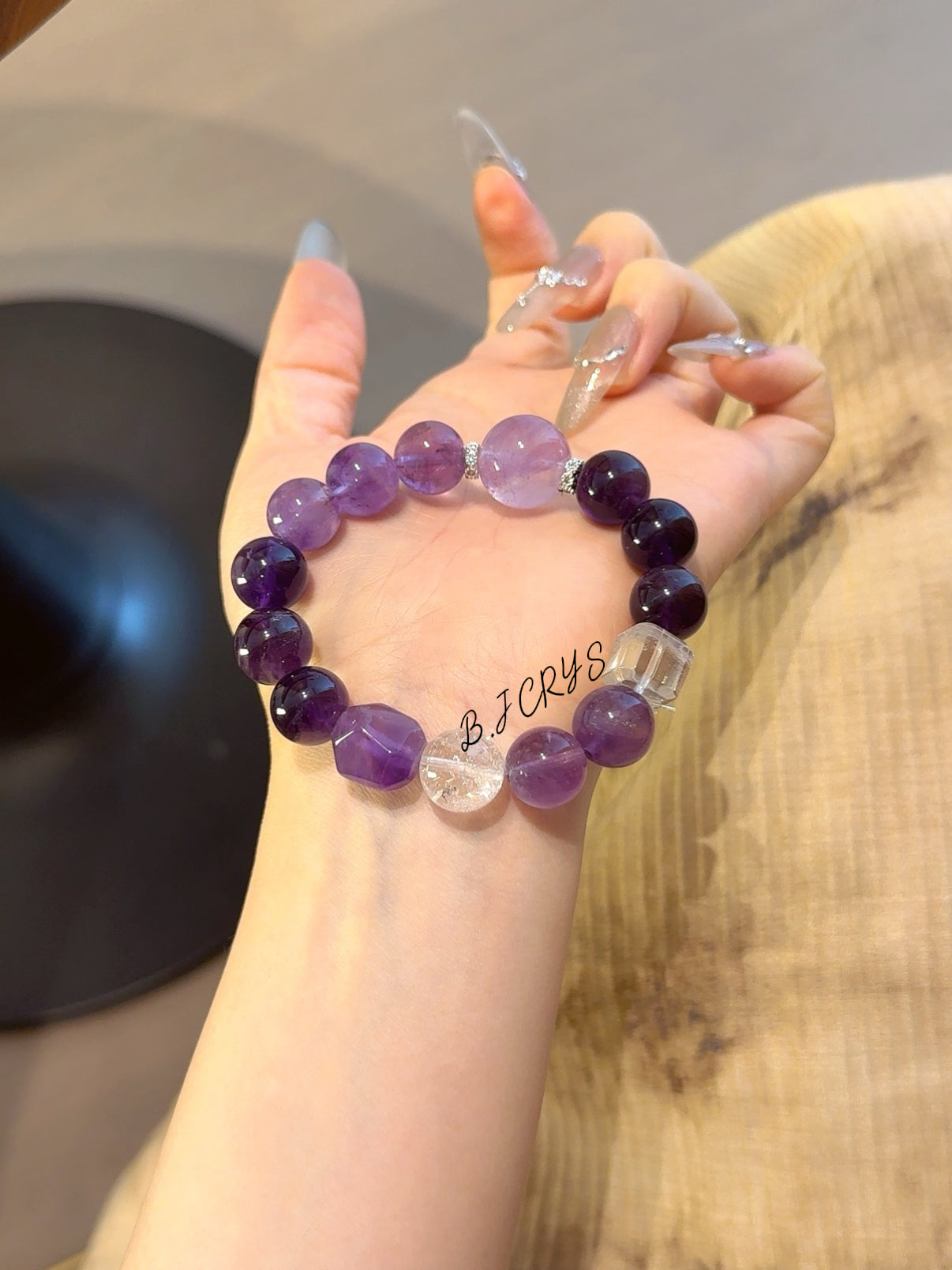 Freeform Amethyst & Cube Clear Crystal Bracelet