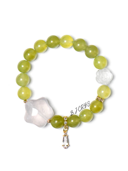 Xiuyu Jade, Rose Quartz & Clear Quartz Star & Flower Bracelet