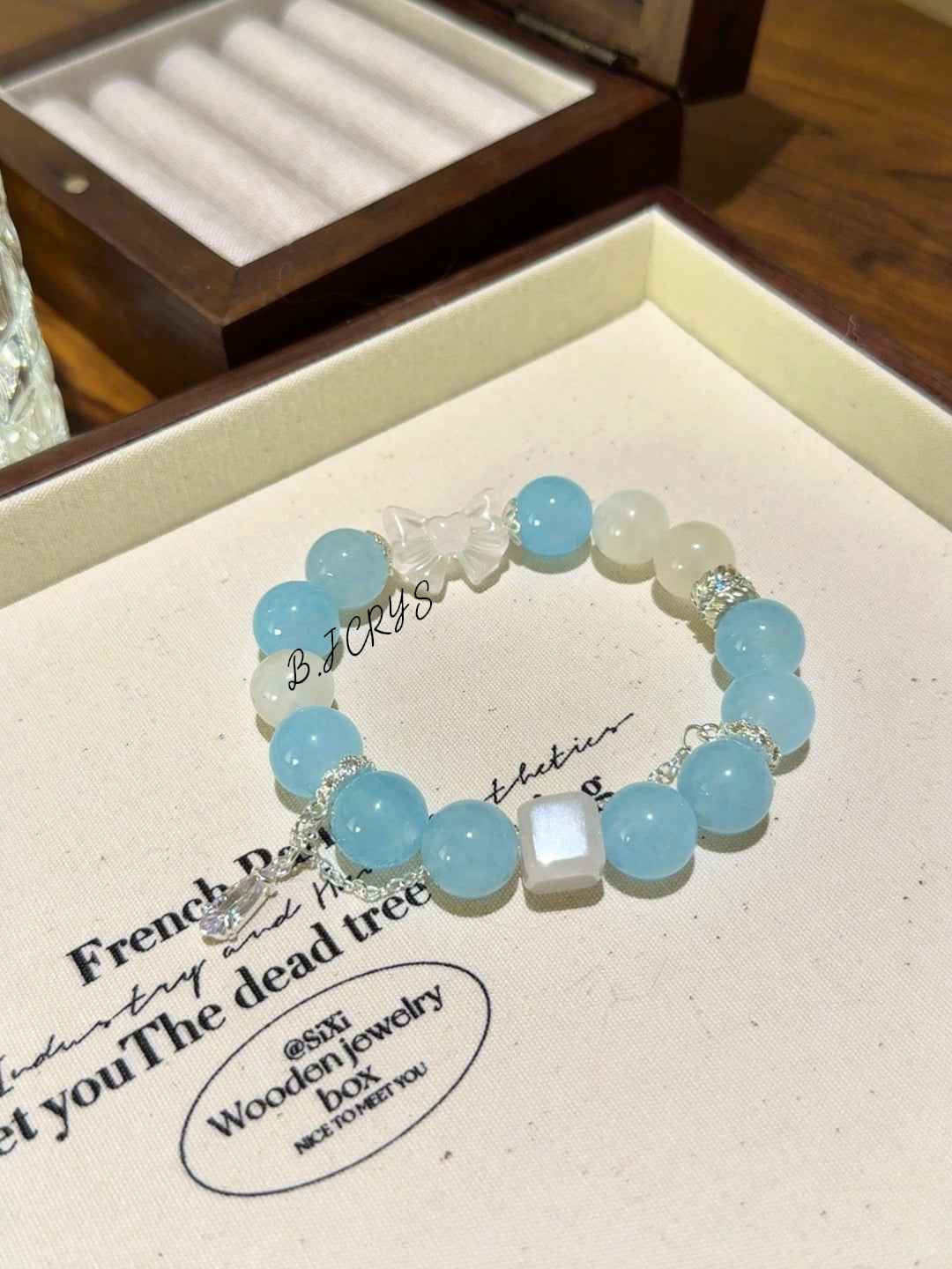Blue Chalcedony, Blue Moonstone & Clear Quartz Bow Bracelet