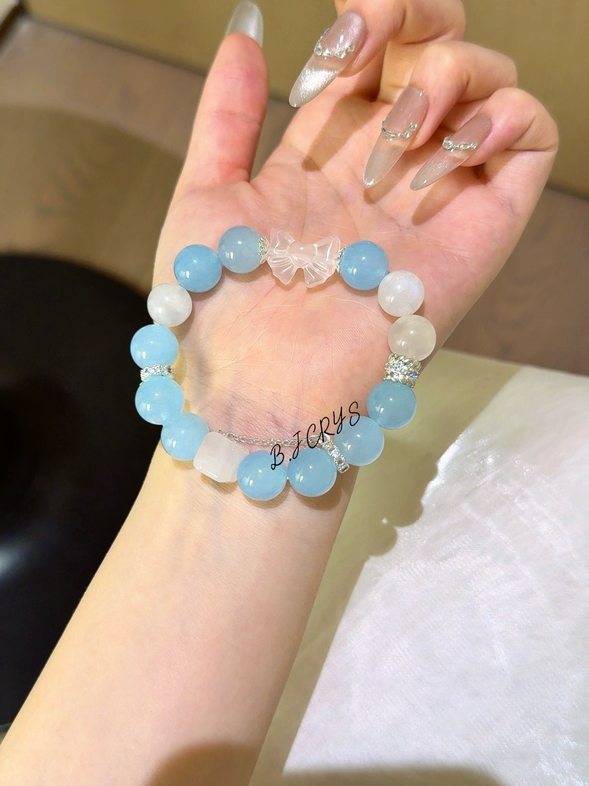 Blue Chalcedony, Blue Moonstone & Clear Quartz Bow Bracelet