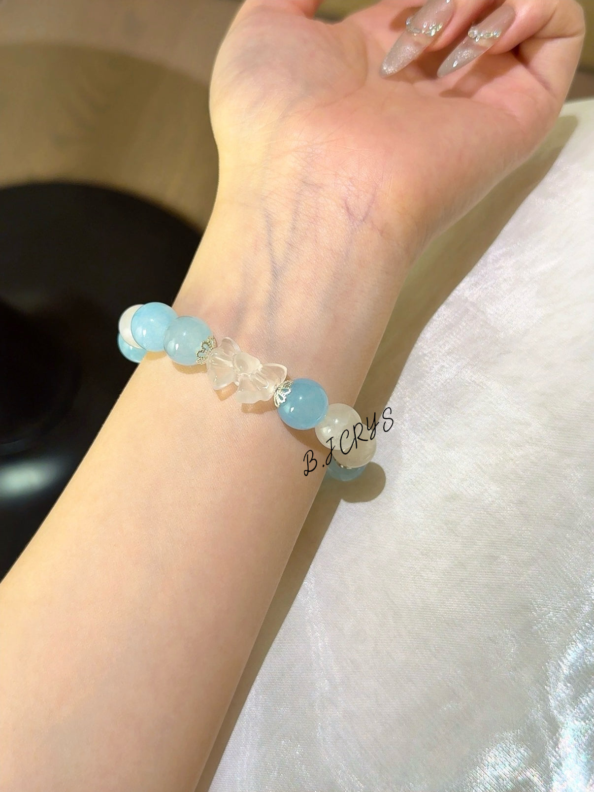 Blue Chalcedony, Blue Moonstone & Clear Quartz Bow Bracelet