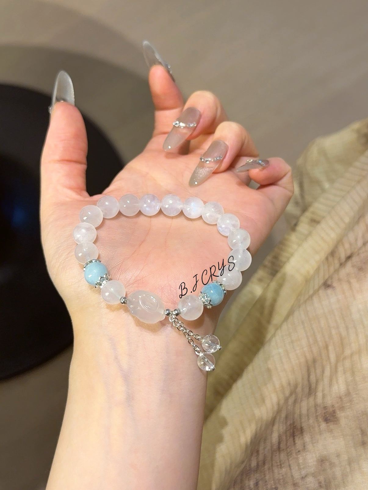 Blue Moonstone, Aquamarine & White Agate Rabbit Bracelet