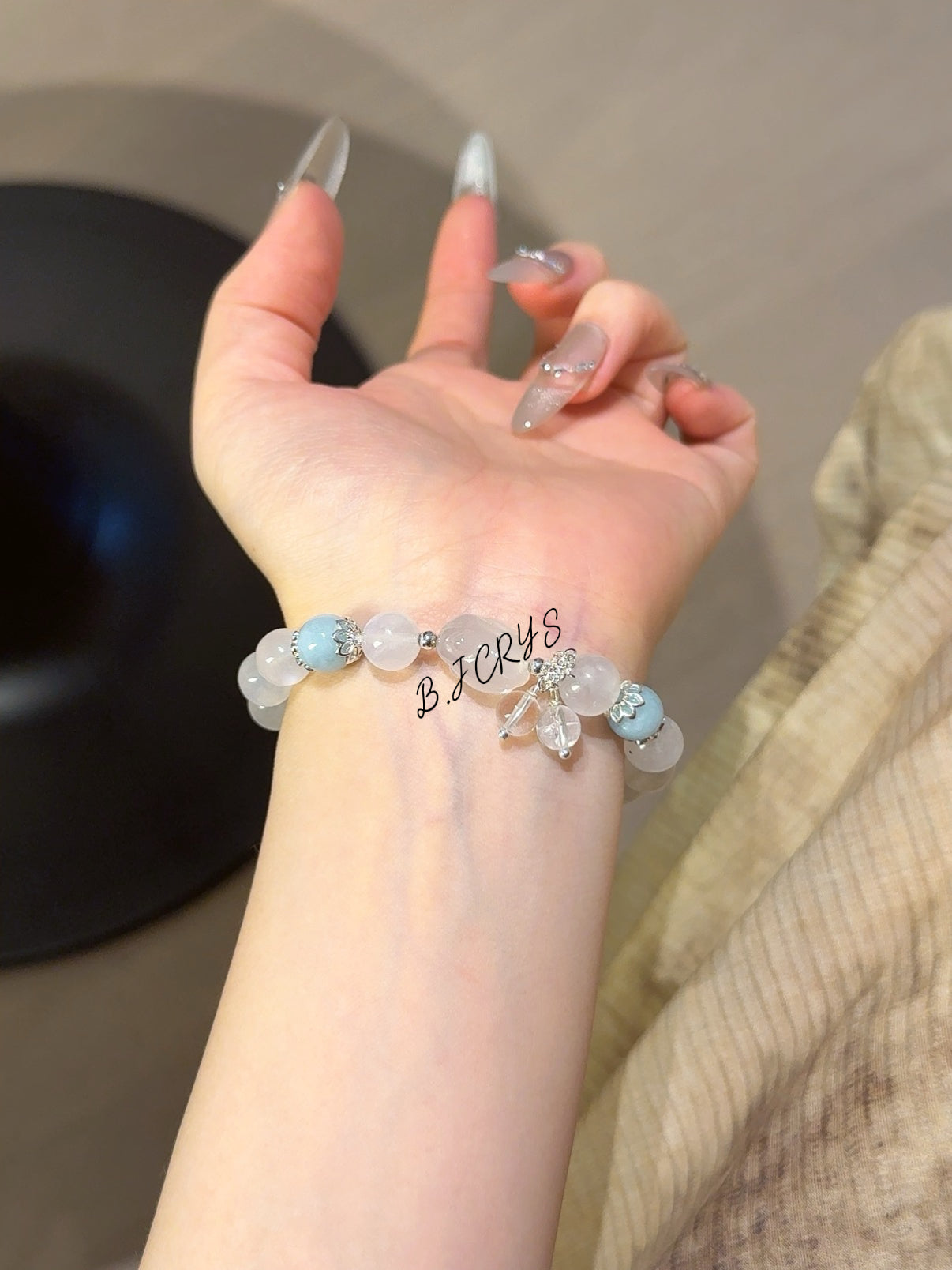 Blue Moonstone, Aquamarine & White Agate Rabbit Bracelet