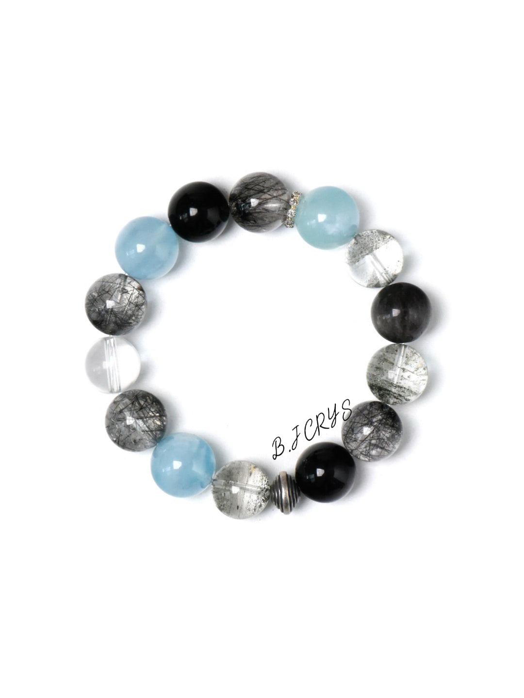 Aquamarine, Green Phantom Quartz & Black Rutilated Quartz Bracelet