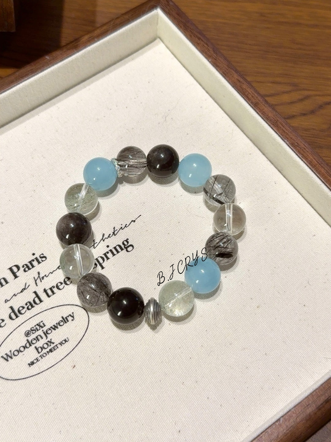 Aquamarine, Green Phantom Quartz & Black Rutilated Quartz Bracelet