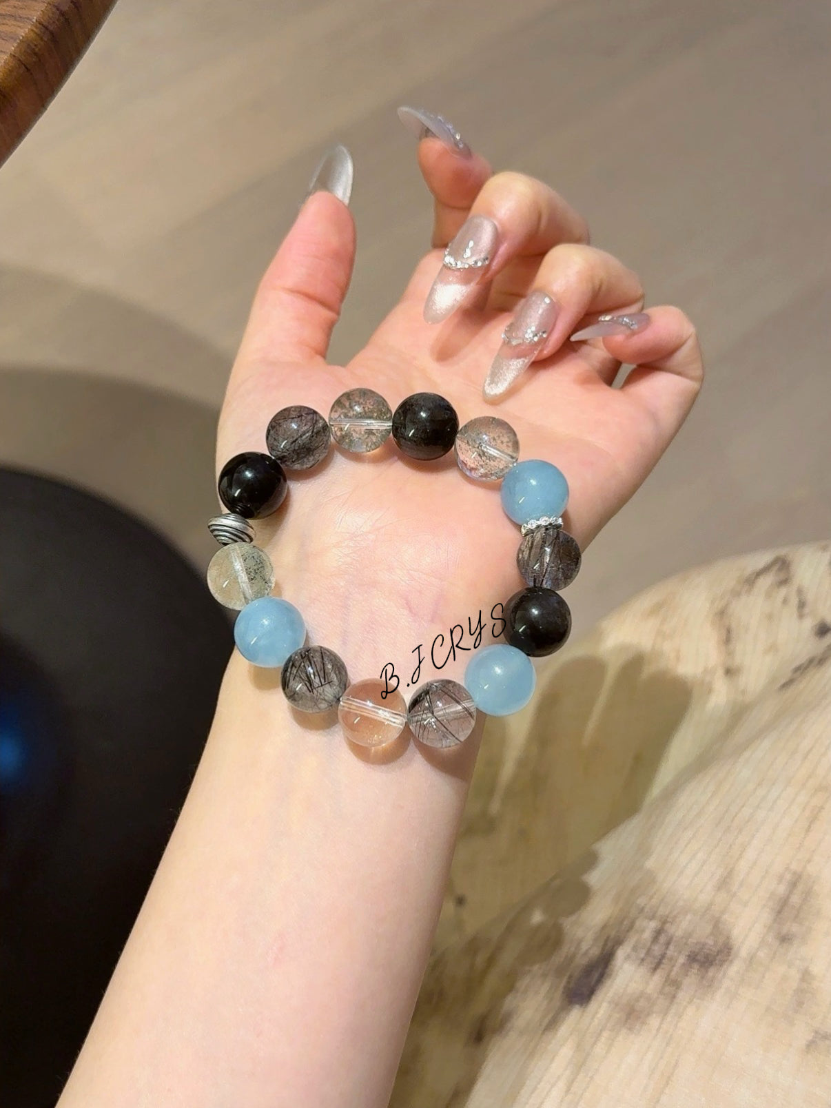 Aquamarine, Green Phantom Quartz & Black Rutilated Quartz Bracelet