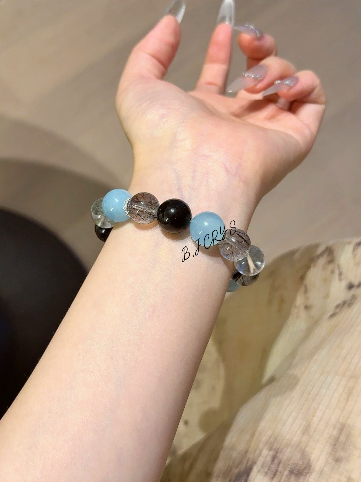 Aquamarine, Green Phantom Quartz & Black Rutilated Quartz Bracelet