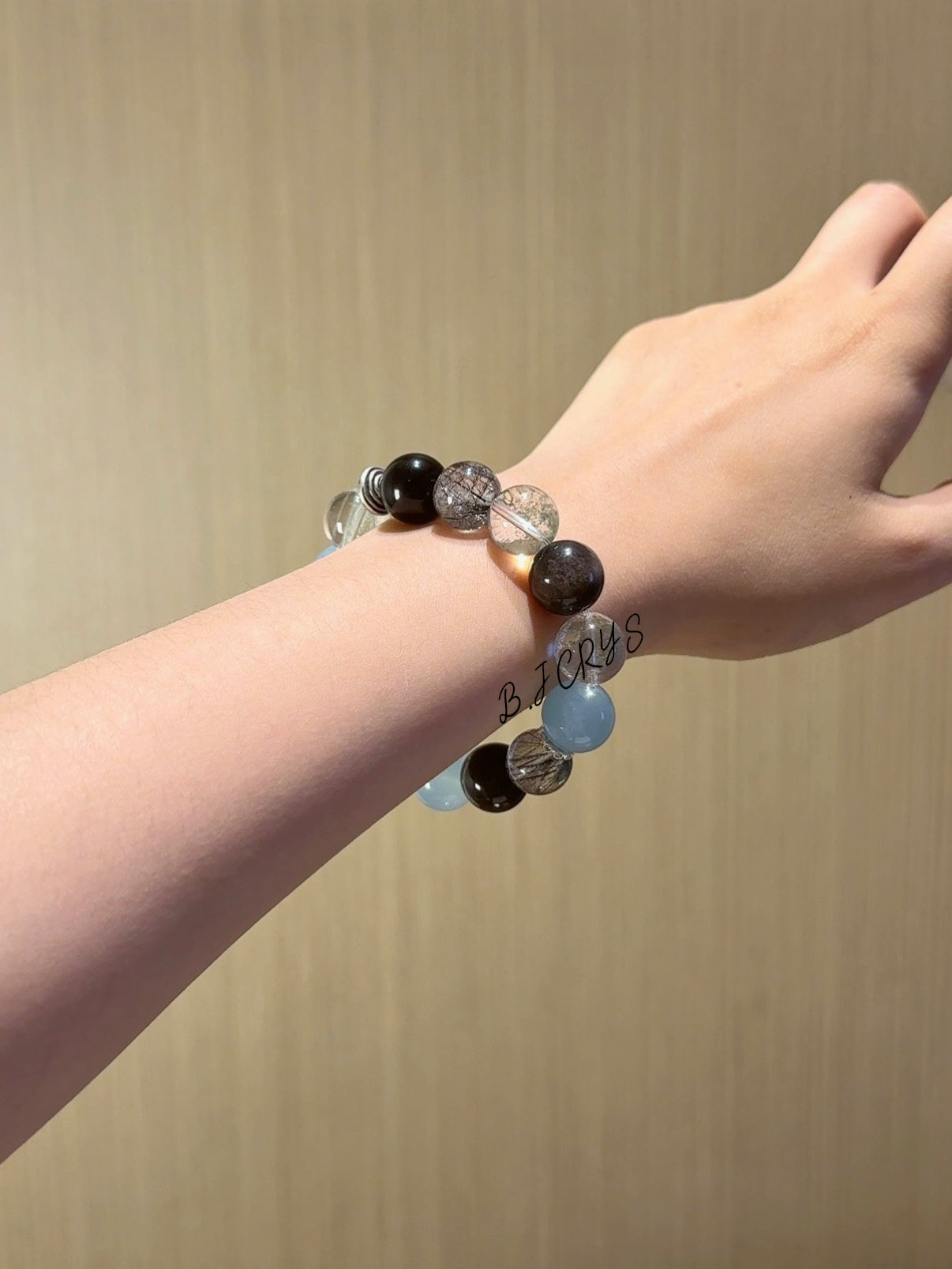 Aquamarine, Green Phantom Quartz & Black Rutilated Quartz Bracelet