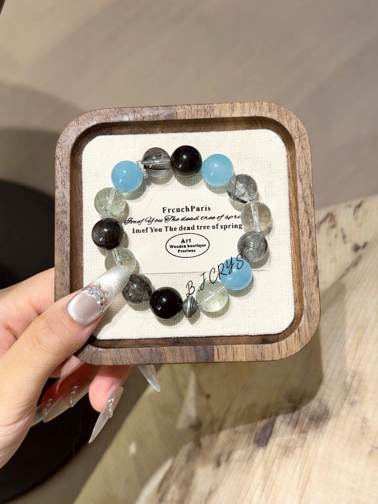 Aquamarine, Green Phantom Quartz & Black Rutilated Quartz Bracelet