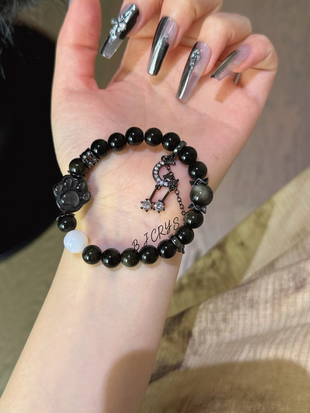 Gold Sheen Obsidian & Silver Sheen Obsidian Cat Paw Bracelet