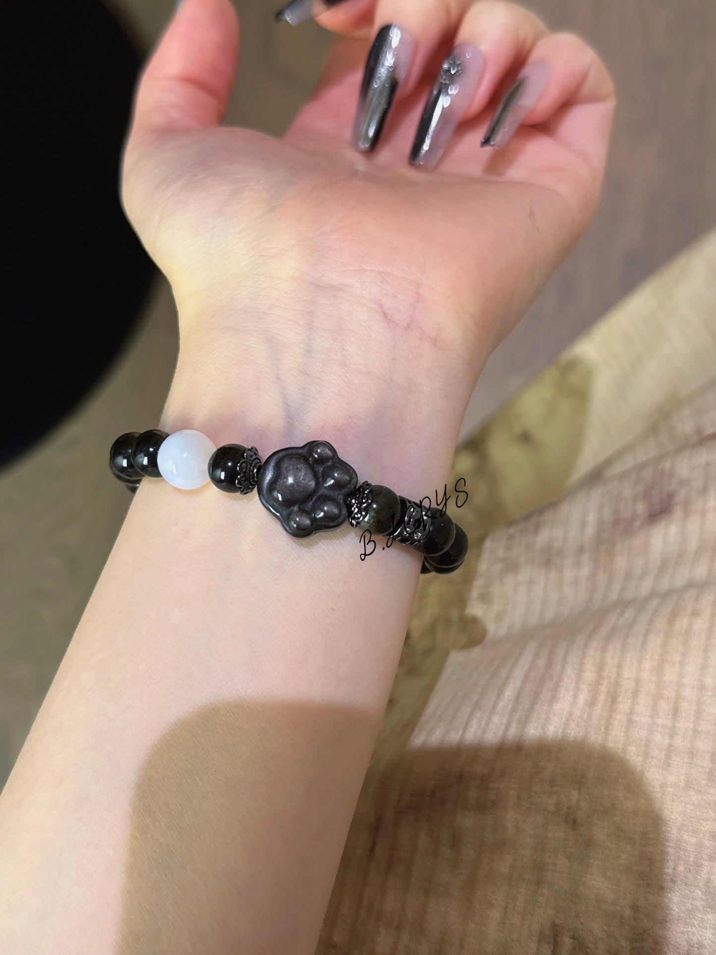 Gold Sheen Obsidian & Silver Sheen Obsidian Cat Paw Bracelet