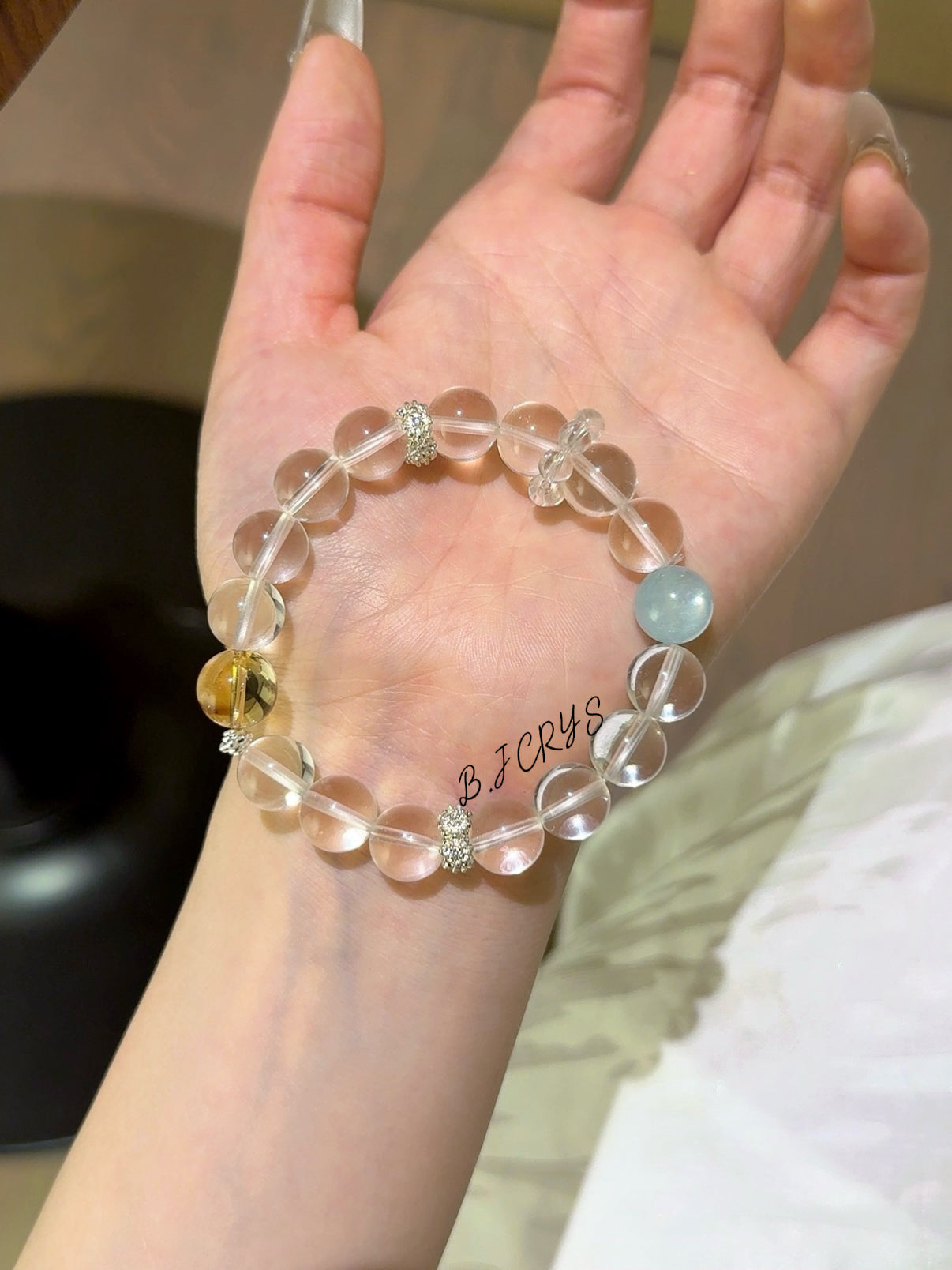 Clear Quartz, Aquamarine & Yellow Phantom Quartz Bracelet