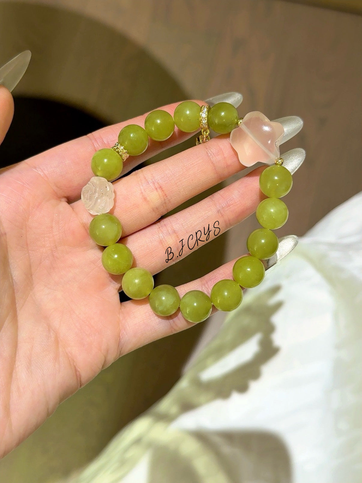 Xiuyu Jade, Rose Quartz & Clear Quartz Star & Flower Bracelet